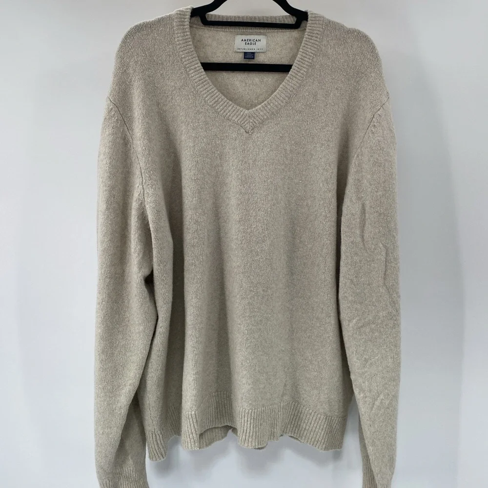 American Eagle Sweater Mens 3XL Beige Oatmeal Knit V Neck Preppy Minimalist Dad - Picture 2 of 11